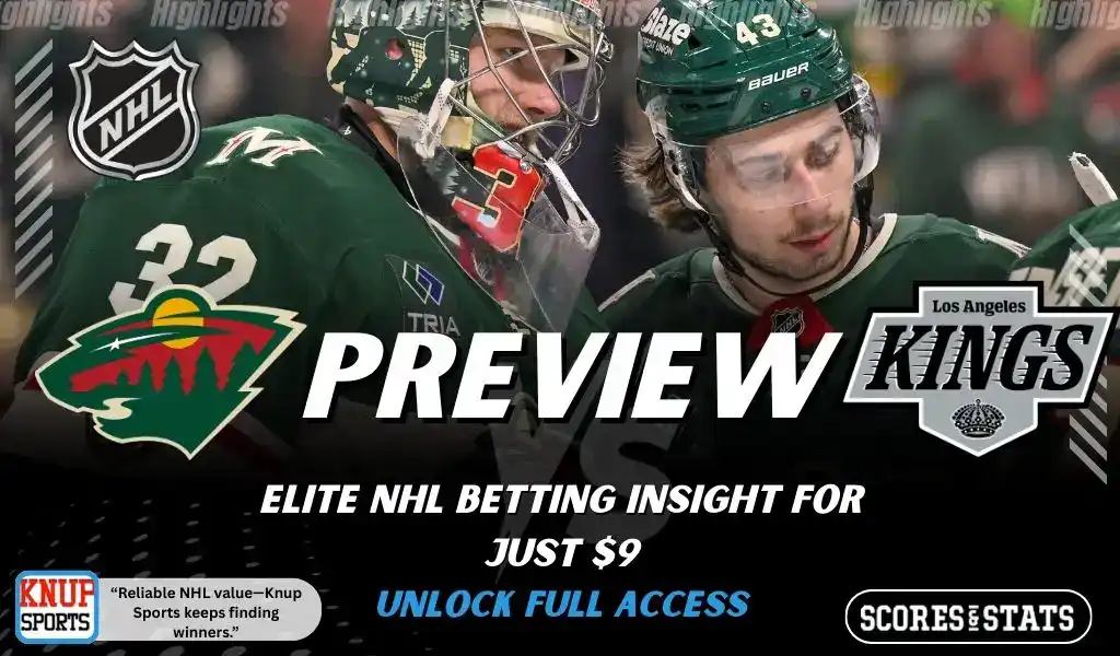 Minnesota Wild vs Los Angeles Kings NHL preview graphic with Wild players in helmets and both team logos