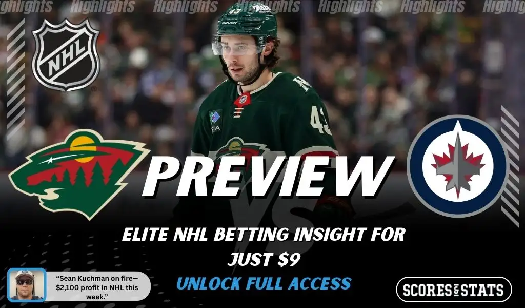 Minnesota Wild vs Winnipeg Jets hockey preview graphic with Wild and Jets logos and a Minnesota player on the ice in the background
