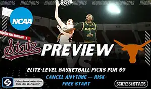 Mississippi State Bulldogs vs Texas Longhorns NCAA basketball preview graphic with players battling near the rim and team logos