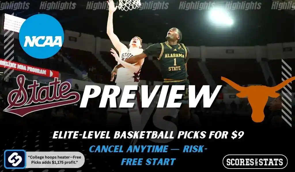 Previews 8 Mississippi State Bulldogs vs Texas Longhorns NCAA basketball preview graphic with players battling near the rim and team logos