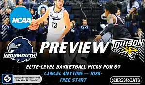 Monmouth Hawks vs Towson Tigers NCAA basketball preview graphic with players in action and team logos