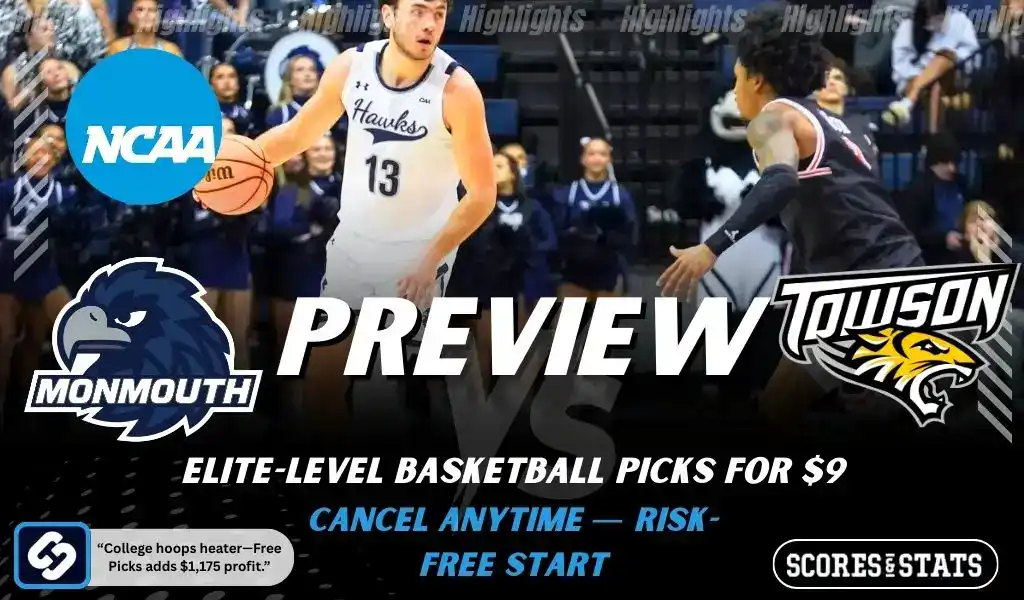 NCAAB 4 Monmouth Hawks vs Towson Tigers NCAA basketball preview graphic with players in action and team logos