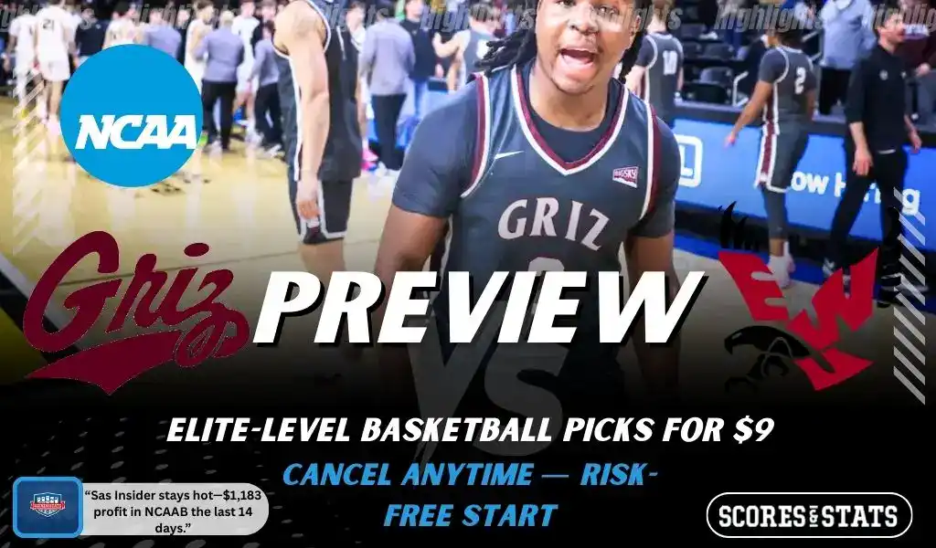 Montana Grizzlies versus Eastern Washington Eagles college basketball preview graphic with team logos and Scores and Stats branding January 10 2026