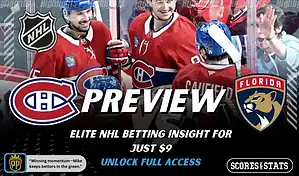 NHL game preview graphic for Montreal Canadiens vs Florida Panthers with team logos players photo and the word Preview for January 8 2026