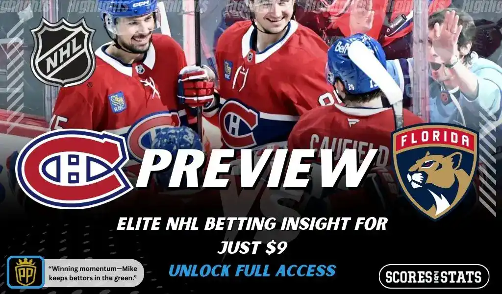 NHL game preview graphic for Montreal Canadiens vs Florida Panthers with team logos players photo and the word Preview for January 8 2026