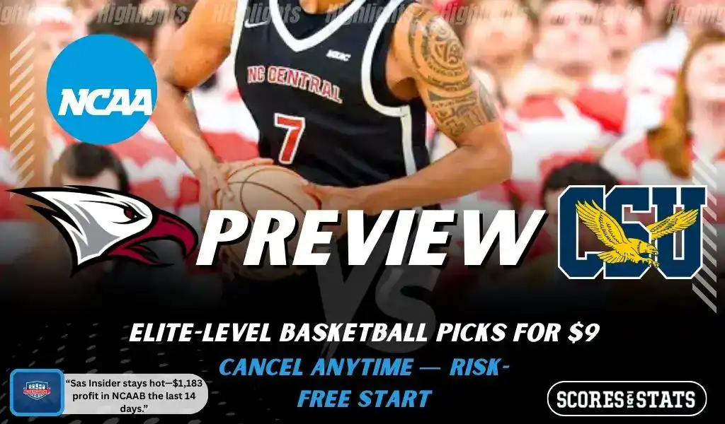 North Carolina Central Eagles versus Coppin State Eagles college basketball preview graphic with team logos and Scores and Stats branding January 10 2026