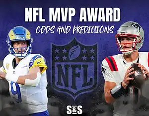 Image featuring two NFL quarterbacks side by side, discussing NFL MVP award odds and predictions against a dark background.