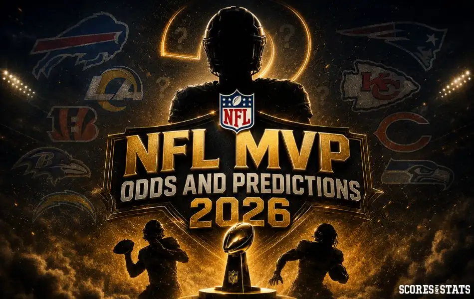 NFL MVP odds and predictions 2026 graphic featuring silhouetted football players, the NFL logo, MVP trophy, and team logos in a dramatic stadium setting.