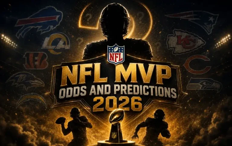 NFL MVP odds and predictions 2026 graphic featuring silhouetted football players, the NFL logo, MVP trophy, and team logos in a dramatic stadium setting.