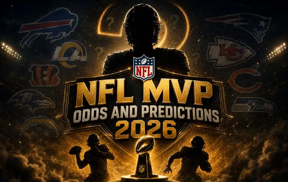 NFL MVP odds and predictions 2026 graphic featuring silhouetted football players, the NFL logo, MVP trophy, and team logos in a dramatic stadium setting.