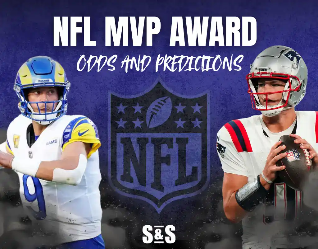 Image featuring two NFL quarterbacks side by side, discussing NFL MVP award odds and predictions against a dark background.