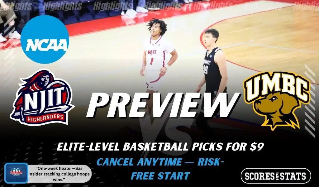 NJIT Highlanders vs UMBC Retrievers college basketball preview graphic with both team logos and “Preview” text for January 22 2026