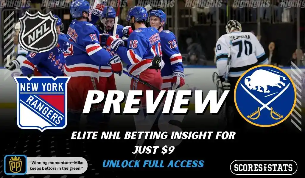NHL game preview graphic for New York Rangers vs Buffalo Sabres with team logos players photo and the word Preview for January 8 2026