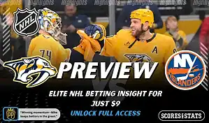 NHL game preview graphic for Nashville Predators vs New York Islanders with team logos players photo and the word Preview for January 8 2026