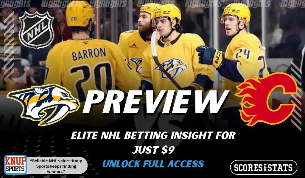 Nashville Predators vs Calgary Flames NHL preview graphic with Predators players in yellow jerseys and both team logos