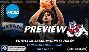 Nevada Wolf Pack vs Fresno State Bulldogs NCAA basketball preview graphic with a player shooting and team logos