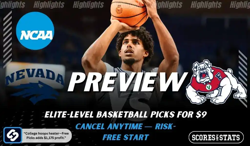 NCAAB 8 Nevada Wolf Pack vs Fresno State Bulldogs NCAA basketball preview graphic with a player shooting and team logos
