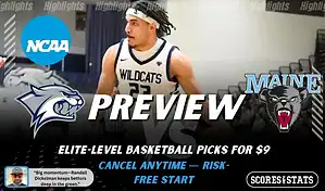 New Hampshire Wildcats vs Maine Black Bears college basketball preview graphic with a Wildcats player and both team logos for January 19 2026