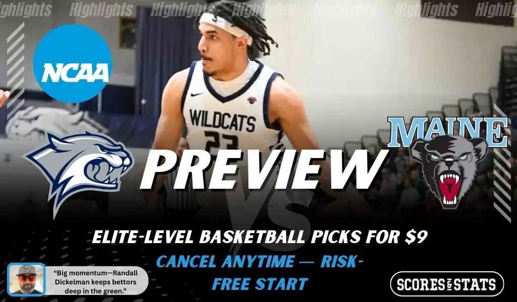 New Hampshire Wildcats vs Maine Black Bears college basketball preview graphic with a Wildcats player and both team logos for January 19 2026