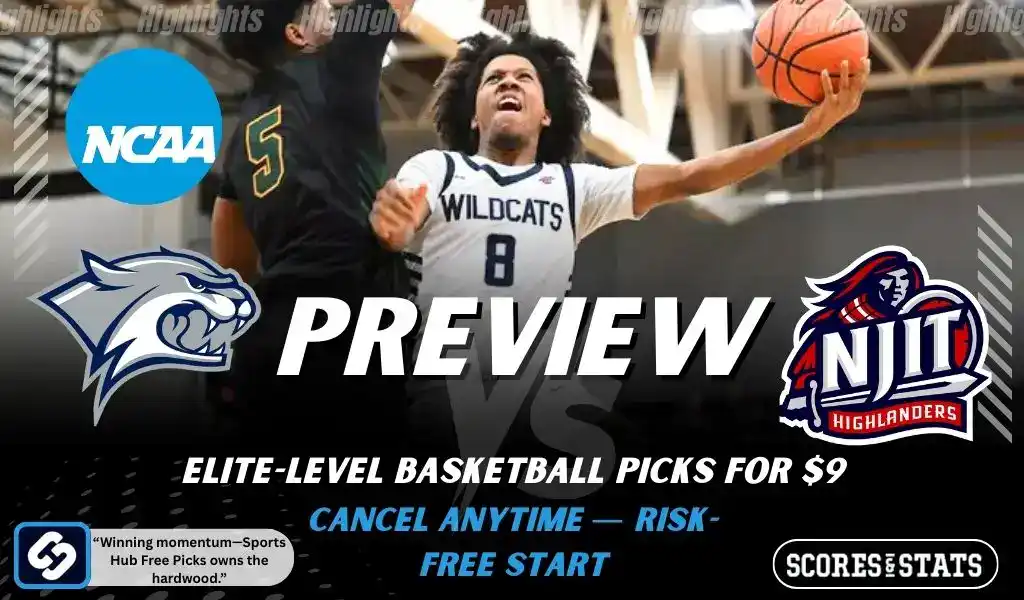 NCAA basketball preview graphic for New Hampshire Wildcats vs NJIT Highlanders with action photo, both team logos, and “Preview” text for Jan 8, 2026