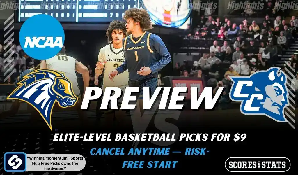 Previews 9 NCAA basketball preview graphic for New Haven Chargers vs Central Connecticut State Blue Devils with team logos game photo and the word Preview for January 4 2026