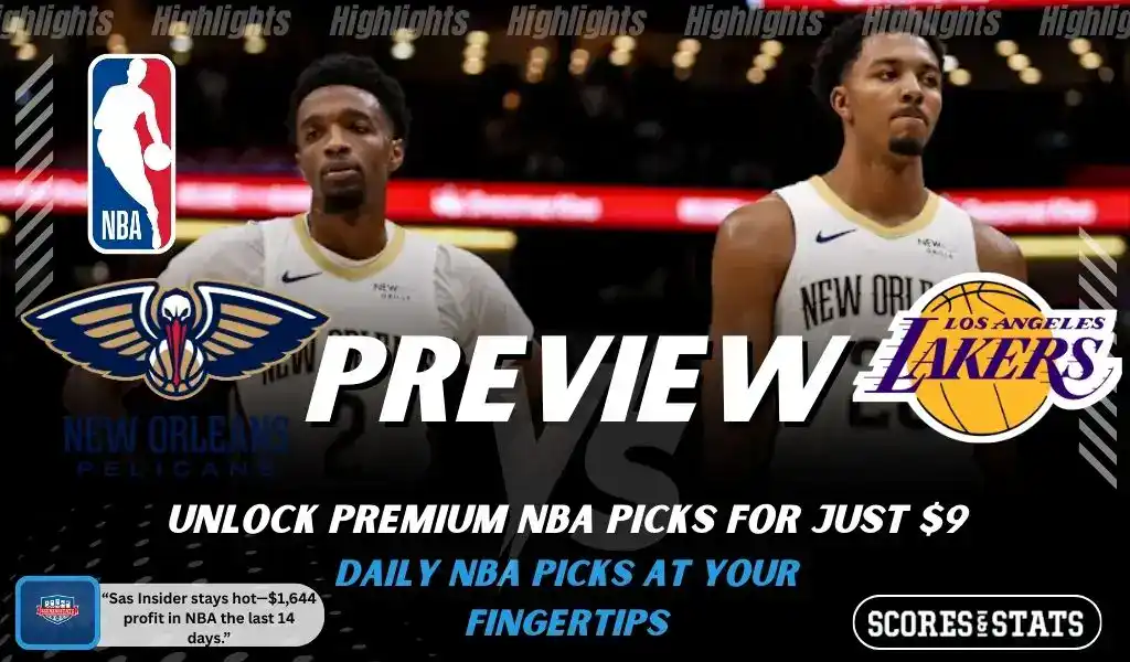 NBA game preview graphic for New Orleans Pelicans vs Los Angeles Lakers with team logos players photo and the word Preview for January 6 2026