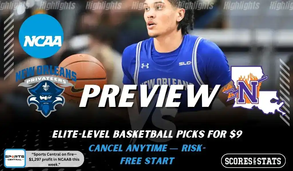 New Orleans Privateers vs Northwestern State Demons preview graphic with both team logos, “Picks and Predictions” label, and New Orleans Privateers basketball action background (January 31, 2026).