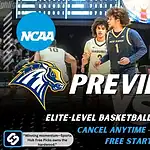 NCAA basketball preview graphic for New Haven Chargers vs Le Moyne Dolphins with team logos game photo and the word Preview for January 8 2026