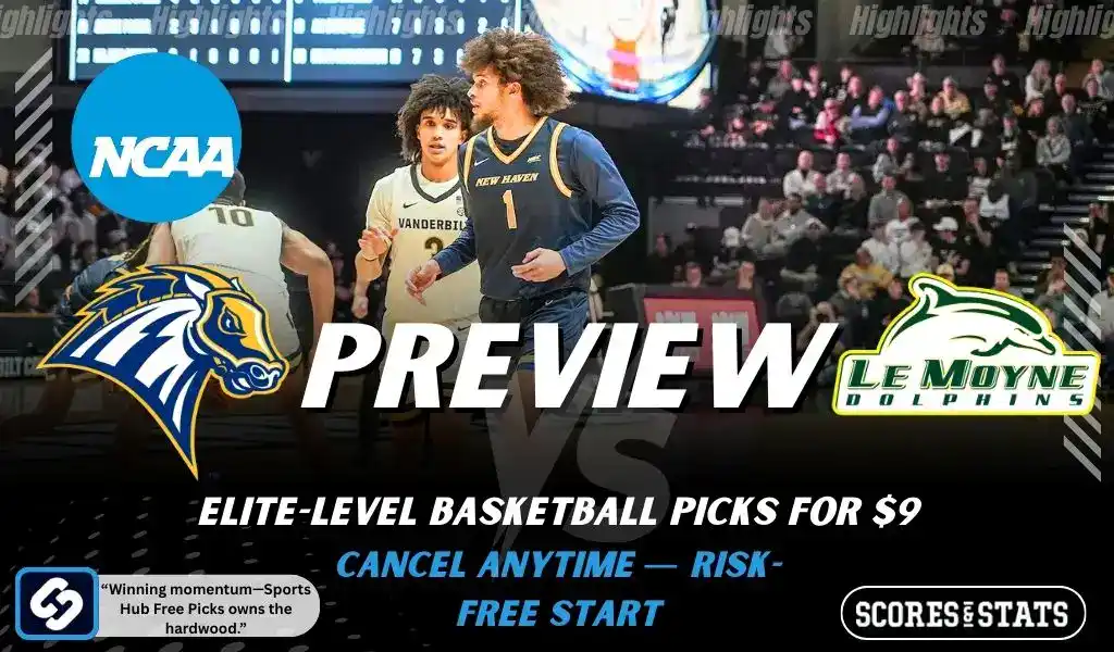 NCAA basketball preview graphic for New Haven Chargers vs Le Moyne Dolphins with team logos game photo and the word Preview for January 8 2026