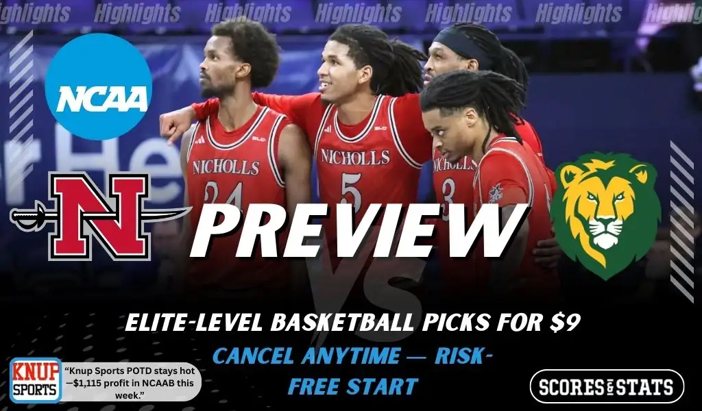 Nicholls Colonels vs Southeastern Louisiana Lions preview graphic with team logos and NCAA branding promoting college basketball picks and predictions for January 24 2026