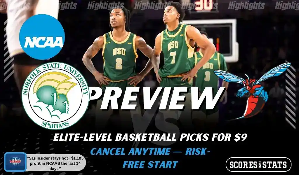 Norfolk State Spartans versus Delaware State Hornets college basketball preview graphic with team logos and Scores and Stats branding January 10 2026