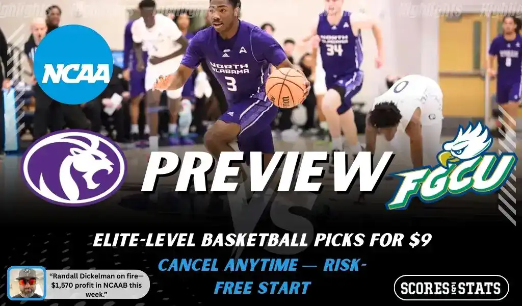 NCAA basketball preview graphic for North Alabama Lions vs Florida Gulf Coast Eagles on January 29 2026