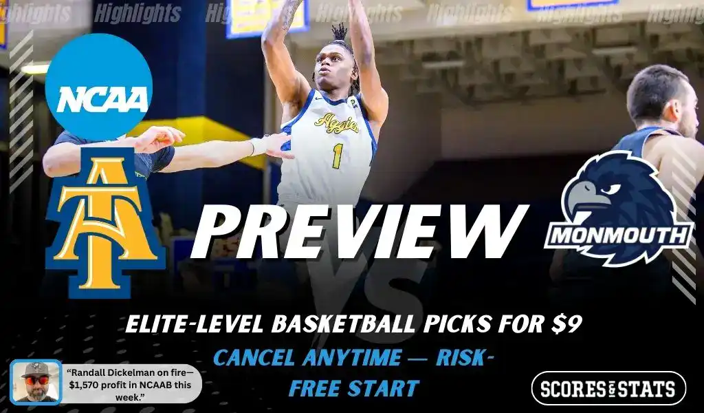 NCAA basketball preview graphic for North Carolina A and T Aggies vs Monmouth Hawks on January 29 2026