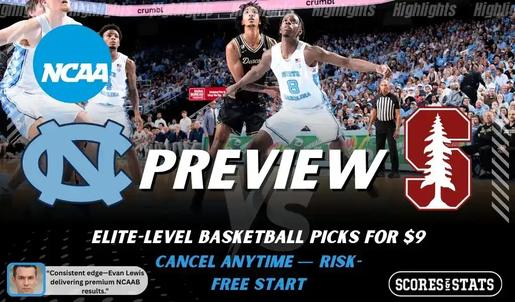 North Carolina Tar Heels vs Stanford Cardinal basketball preview graphic with North Carolina and Stanford logos and players battling for position in the background