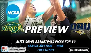 North Dakota State Bison vs Oral Roberts Golden Eagles preview graphic with team logos and NCAA branding promoting college basketball picks and predictions for January 24 2026