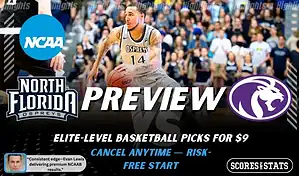 North Florida Ospreys vs North Alabama Lions basketball preview graphic with team logos and a North Florida player dribbling in the background