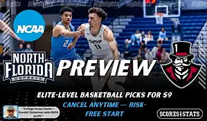 North Florida Ospreys vs Austin Peay Governors NCAA basketball preview graphic with players in action and team logos