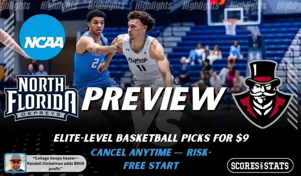 North Florida Ospreys vs Austin Peay Governors NCAA basketball preview graphic with players in action and team logos