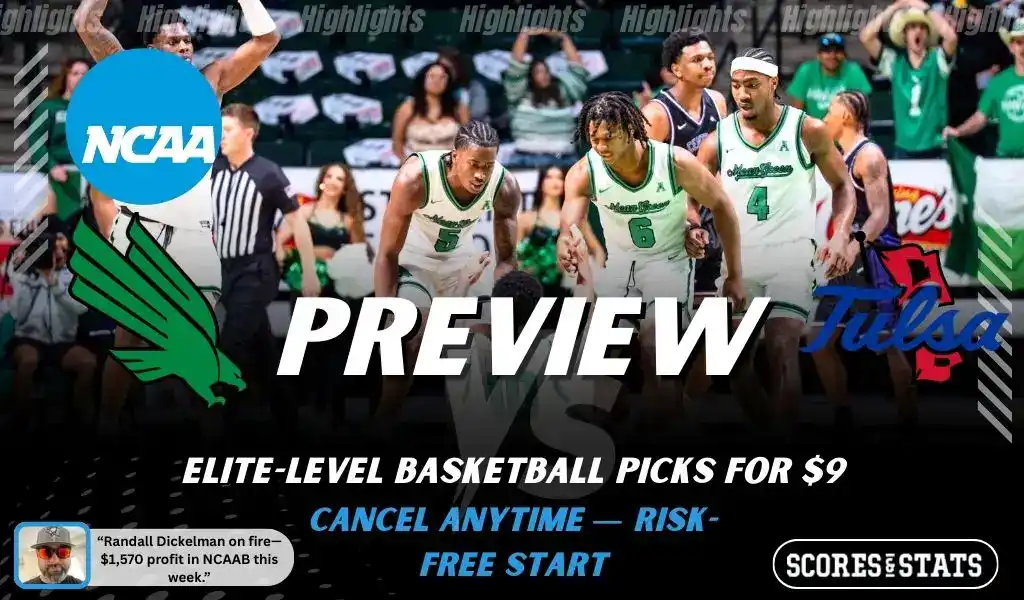 North Texas Mean Green vs Tulsa Golden Hurricane preview graphic with team logos and NCAA branding promoting college basketball picks and predictions for January 28 2026