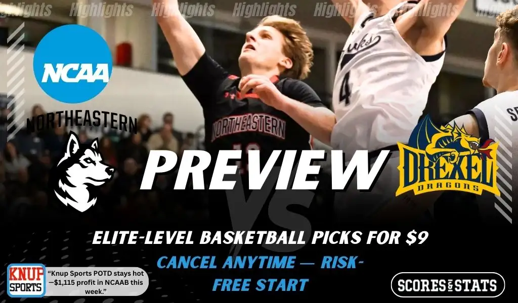 Northeastern Huskies vs Drexel Dragons preview graphic with team logos and NCAA branding promoting college basketball picks and predictions for January 24 2026