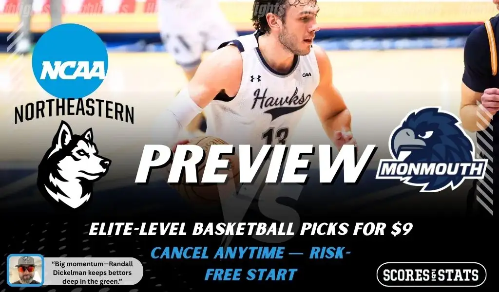 Northeastern Huskies vs Monmouth Hawks college basketball preview graphic with a Northeastern player and both team logos for January 19 2026