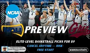 Northern Arizona Lumberjacks vs Montana Grizzlies NCAA basketball preview graphic with players celebrating on the bench and team logos