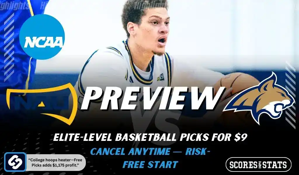 NCAAB 9 Northern Arizona Lumberjacks vs Montana State Bobcats NCAA basketball preview graphic with a player handling the ball and team logos