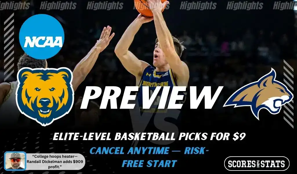Northern Colorado Bears vs Montana State Bobcats NCAA basketball preview graphic with a player shooting and team logos