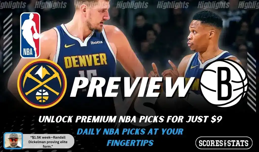 Denver Nuggets vs Brooklyn Nets preview graphic with NBA branding, team logos, and picks and predictions for January 29 2026