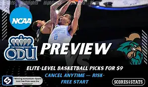 NCAA basketball preview graphic for Old Dominion Monarchs vs Coastal Carolina Chanticleers with NCAA logo, both team logos, and “Preview” text for Jan 8, 2026