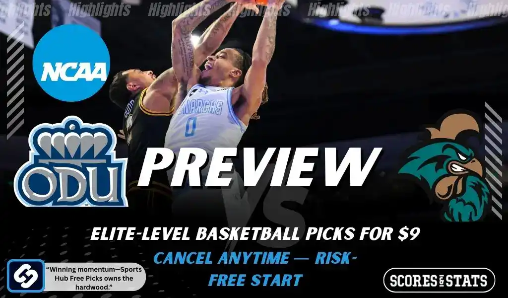 NCAA basketball preview graphic for Old Dominion Monarchs vs Coastal Carolina Chanticleers with NCAA logo, both team logos, and “Preview” text for Jan 8, 2026