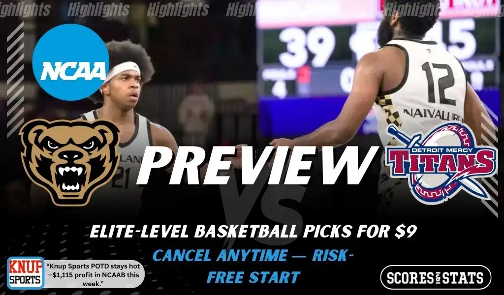 Oakland Golden Grizzlies vs Detroit Titans preview graphic with team logos and NCAA branding promoting college basketball picks and predictions for January 24 2026