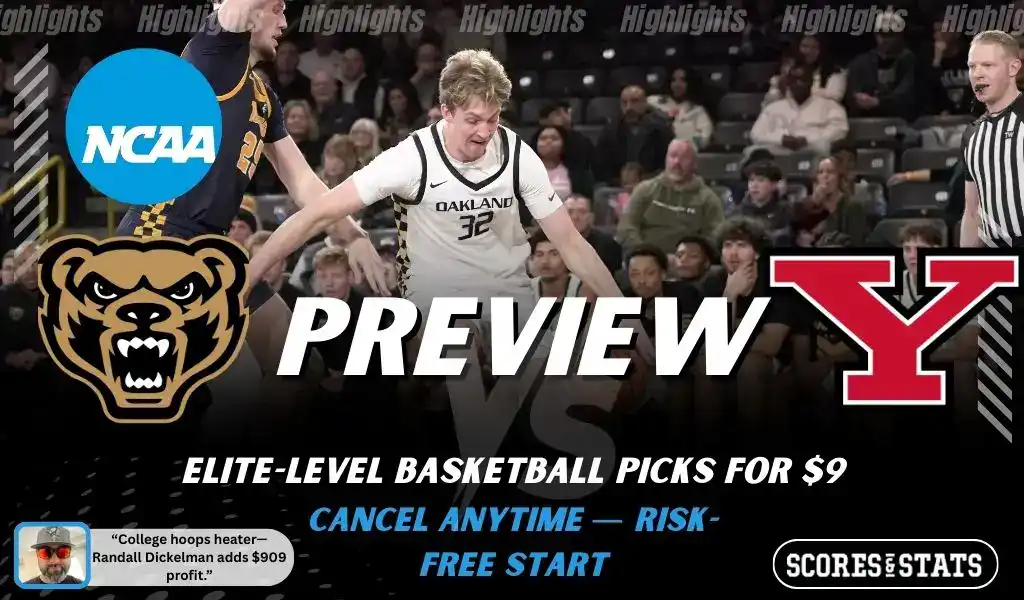 Oakland Golden Grizzlies vs Youngstown State Penguins NCAA basketball preview graphic with players in action and team logos