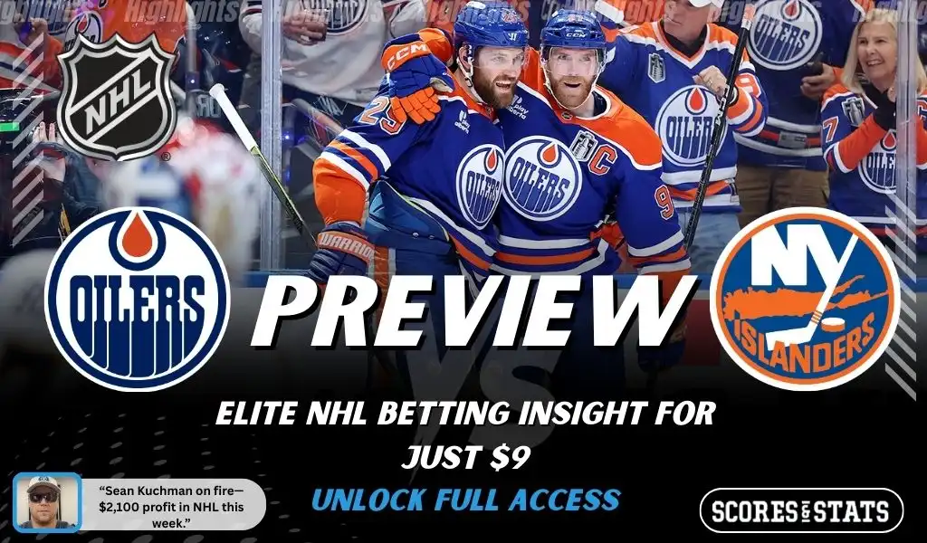 Edmonton Oilers vs New York Islanders hockey preview graphic with Oilers and Islanders logos and Oilers players celebrating on the ice